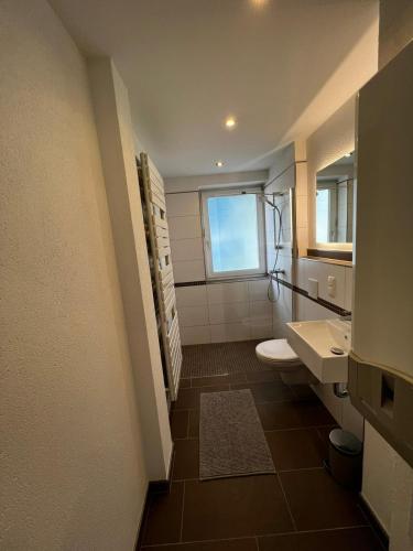 a bathroom with a sink and a toilet and a window at Ferienwohnung Carlos 1 und 2 in Bad Harzburg