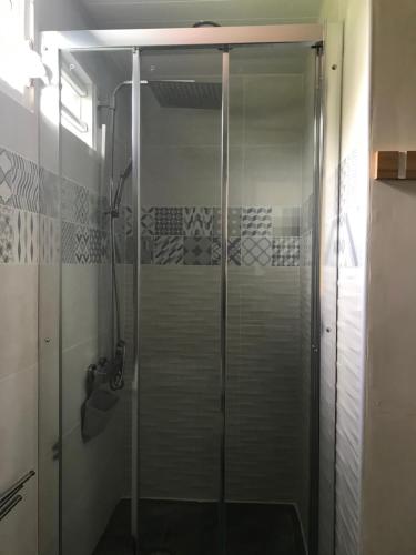 a shower with a glass door in a bathroom at GRAND T2 TOUT CONFORT , EMPLACEMENT IDEAL in Rivière-Salée