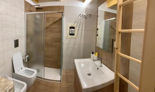 een badkamer met een wastafel, een toilet en een douche bij IlGirasoleApartment in Napels