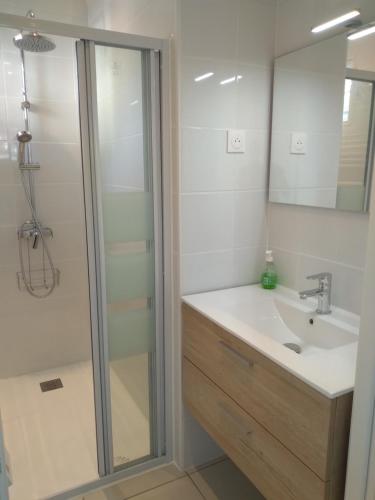 W łazience znajduje się umywalka i prysznic. w obiekcie La Bernaudine bis w mieście Annonay