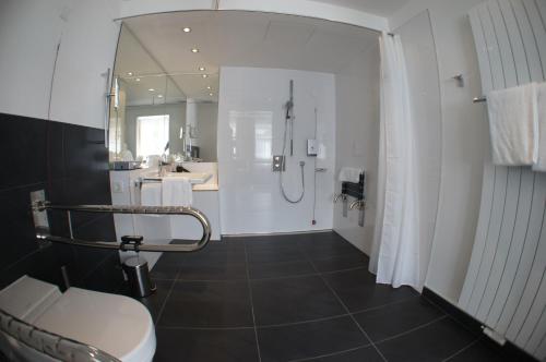 a bathroom with a shower and a toilet and a sink at Hotel Im Schulhaus in Lorch am Rhein