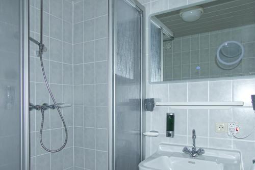 a bathroom with a shower and a sink at GarniHotel zur Linde in Lohberg