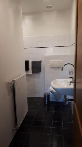 にあるGastenverblijf Boerengelukの白いバスルーム(洗面台、トイレ付)