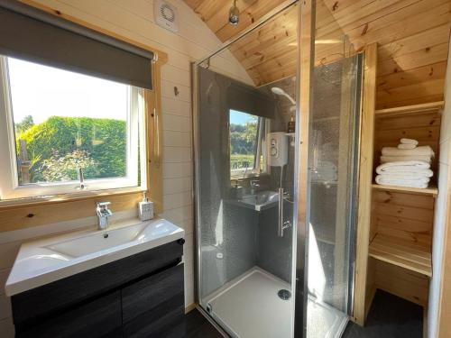 a bathroom with a shower and a sink and a mirror at Burnbank Glamping Pod in Acharacle