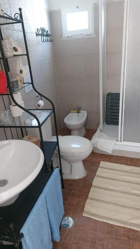 a bathroom with a toilet and a sink and a shower at Casa da Oliveira in São Marcos do Campo