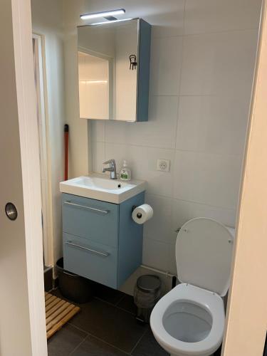 une salle de bain avec des toilettes blanches et un lavabo dans l'établissement arlequin, à Chinon
