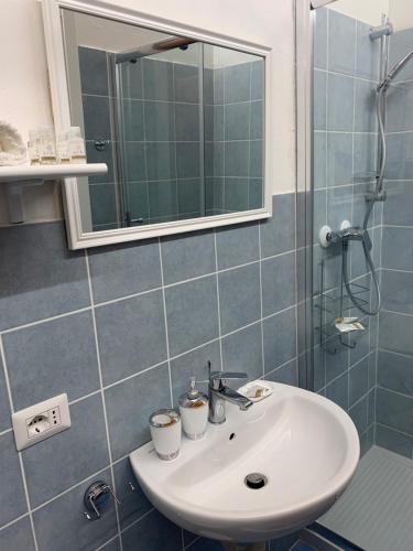 a bathroom with a sink and a shower and a mirror at Casa nel verde in Albinia