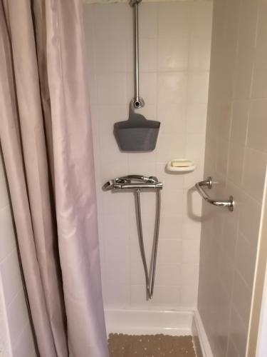 ducha con cortina junto a la bañera en Le 8, en Pouzauges