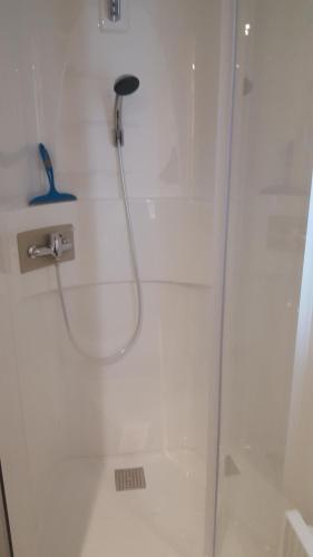 La salle de bains est pourvue d'une douche avec une porte en verre. dans l'établissement Agréable Mobilhome 6 - 8 places, à Saint-Brévin-les-Pins