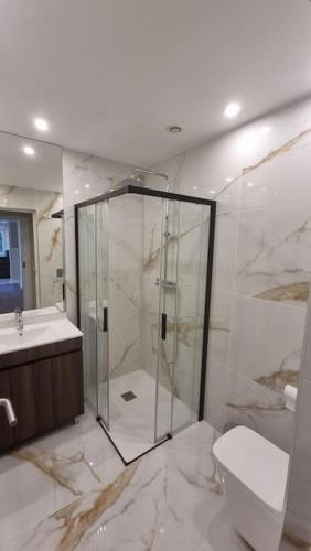 a bathroom with a shower and a toilet and a sink at Casinha da Belavista in Arcos de Valdevez