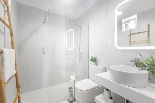 a white bathroom with a sink and a toilet at São Miguel Apartments in Porto