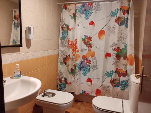 uma casa de banho com uma cortina de chuveiro, um WC e um lavatório. em Precioso apartamento con piscina comunitaria privada y patio exterior em Ayamonte