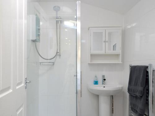 a white bathroom with a shower and a sink at Horton View Cottage in Ferryside