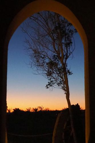 an archway with a tree in front of a sunset at Tzila Bahariya in Az Zaytūn