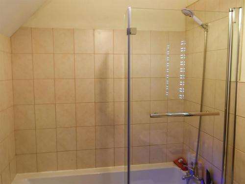 a shower with a glass door in a bathroom at Swallow Cottage in Howden