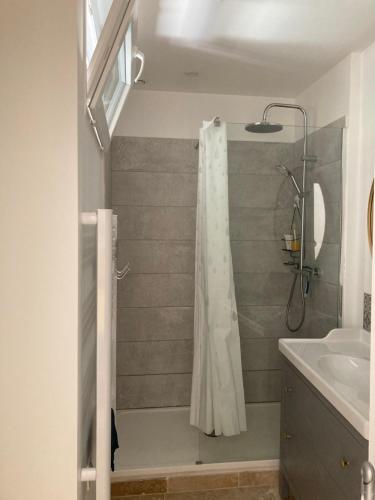 a bathroom with a shower with a shower curtain at Maisonnette avec jardinet et parking - Velleron in Velleron