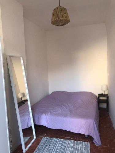a bedroom with a bed and a mirror and a lamp at le calme à Salernes in Salernes