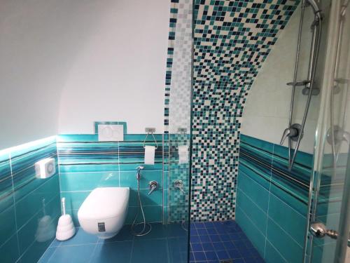 a bathroom with a shower with a toilet and a sink at BeachHouse Ischia in Ischia