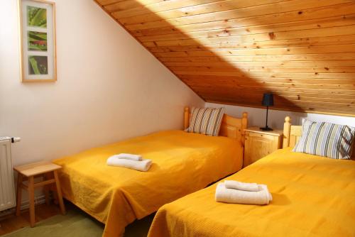 Un pat sau paturi într-o cameră la Nobuta Vendégház