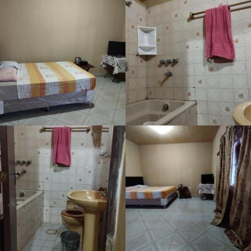 3 fotos de un baño con cama y un baño con lavabo en Habitación doble con baño privado, en Ciudad del Este