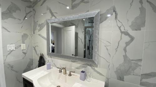 a bathroom with a sink and a mirror on the wall at Spectacular 3 BR 2 WR House - Close to Airport in Toronto