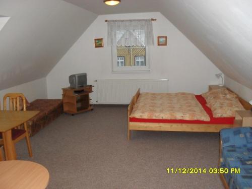 een slaapkamer met 2 bedden en een tv op zolder bij Apartmány KOS in Pec pod Sněžkou