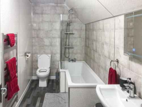 ein Badezimmer mit einer Badewanne, einem WC und einem Waschbecken in der Unterkunft Gleaner Lea in Campbeltown