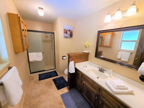 ein Badezimmer mit einem Waschbecken und einem großen Spiegel in der Unterkunft The HideAway in Port Angeles