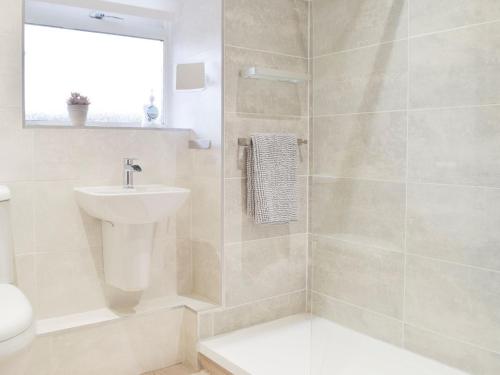a bathroom with a sink and a toilet and a shower at Princess Court Apartment in Llanelli