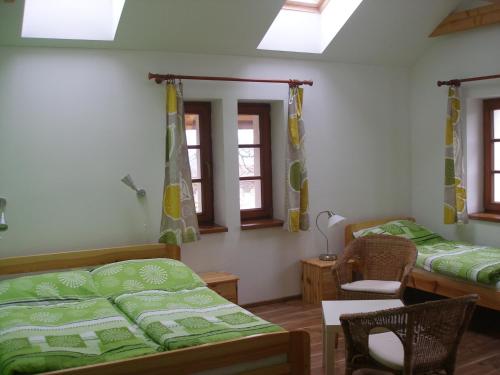 a room with two beds and a chair and windows at Ekofarma Bílý mrak in Borohrádek