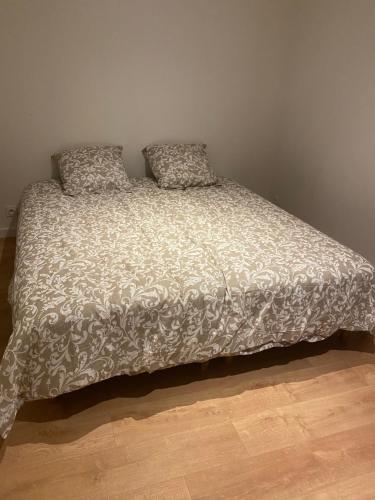 un letto con due cuscini sopra in una camera da letto di Maison Le Mascaret a Vayres