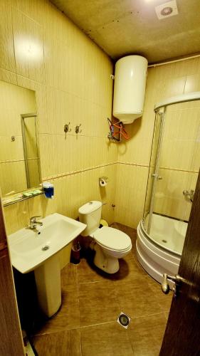 a bathroom with a toilet and a sink and a shower at Old BATUMI MGZAVREBI APARTMENTS in Batumi