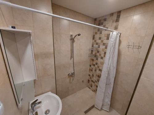 een badkamer met een douche, een toilet en een wastafel bij White grapes apartment in Petrich