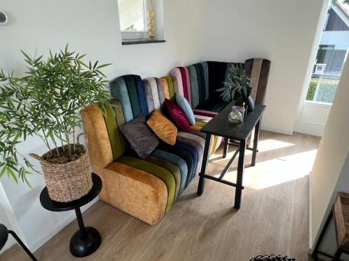 a couch in a living room with a plant at Plassenzicht Logies & Sloepverhuur in Loosdrecht