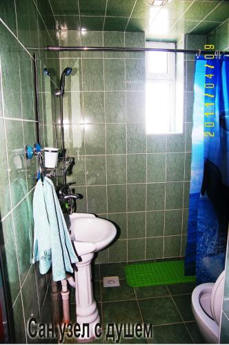 a bathroom with a sink and a shower and a toilet at Asfandiar Hotel in Karakol