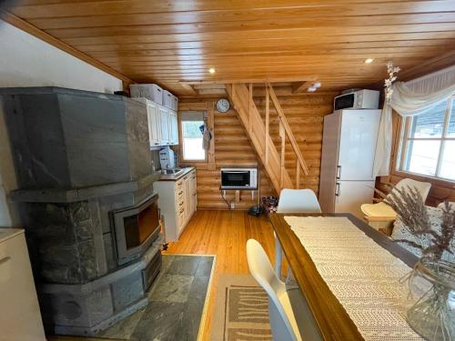 ein Wohnzimmer mit Kamin in einer Blockhütte in der Unterkunft Villa Konnekoski, pearl front of Etelä-Konnevesi National park in Rautalampi