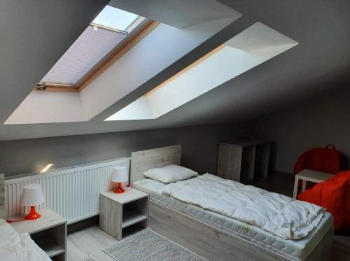a bedroom with a large bed and a skylight at Stajnia Kruki in Mrozy