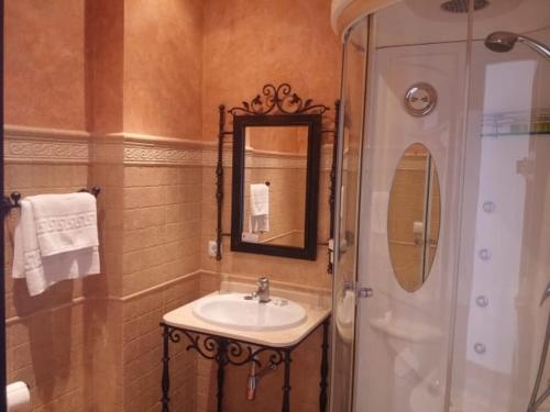 a bathroom with a sink and a shower with a mirror at Rural Vega de Cazalla in Cazalla de la Sierra