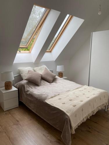 a bedroom with a large bed in a attic at Domki przy Ogrodach in Goczałkowice-Zdrój
