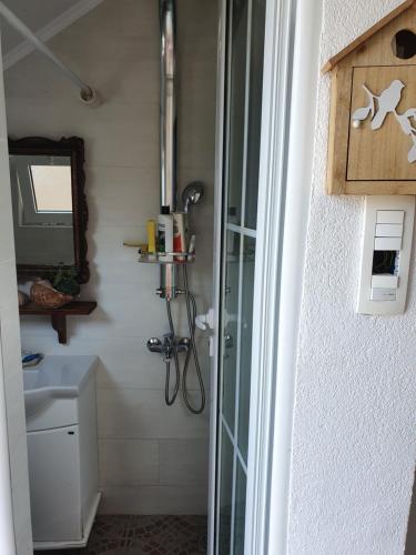 a bathroom with a shower and a sink at Stone house Djakonovic in Budva