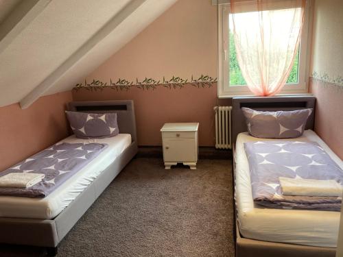 two beds in a small room with a window at FeWo Alkapa in Hilzingen