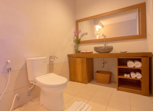 W łazience znajduje się toaleta, umywalka i lustro. w obiekcie Rama Village w mieście Canggu