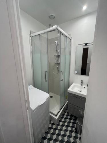 Appartement au centre de Vincennes في فينسين: حمام مع دش ومغسلة
