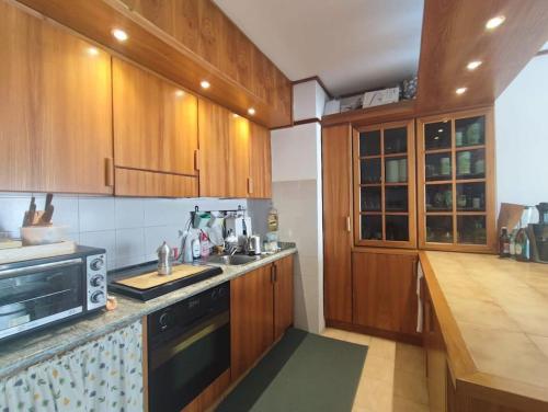 een keuken met houten kasten en een fornuis met oven bij Appartamento Mare e Monti a Marina di MASSA in Massa