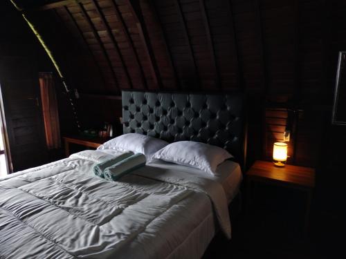 a bed in a dark room with a lamp on a table at D'kailash Retreat in Singaraja