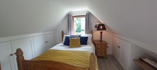 a bedroom with a bed with blue and yellow pillows at Boatman's Quarters in Skibbereen