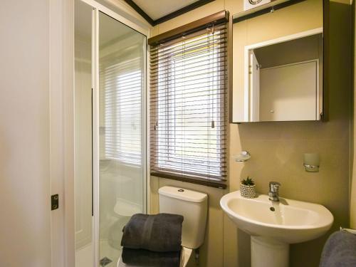 a bathroom with a toilet and a sink and a shower at Avon Lodge in Hyssington