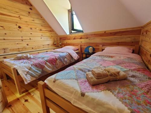 Zaovine的住宿－Milijin konak，小木屋内一间卧室,配有两张床
