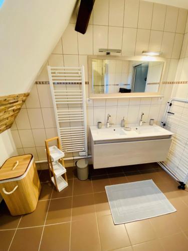 une salle de bain avec un lavabo et un miroir dans l'établissement L'Envolée Alsacienne - Magnifique appartement en duplex, à Ostheim