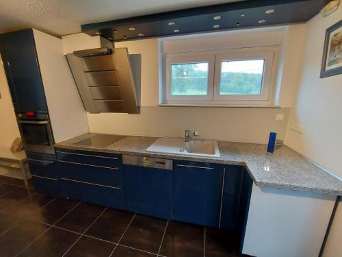 uma cozinha com armários azuis, um lavatório e uma janela em Lovely Appartment with private patio and private entrance in Luxembourg 60m2 em Saeul